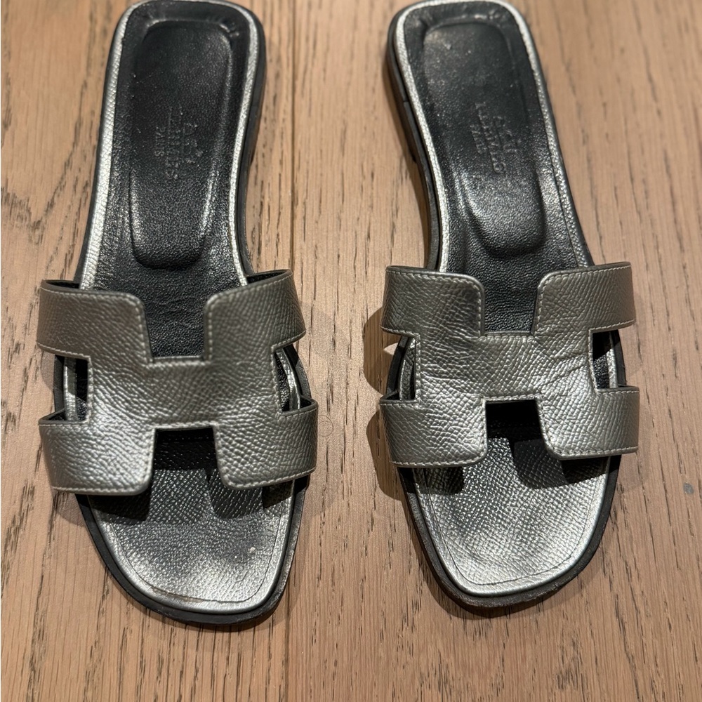 Hermes Metallic Silver Slide Sandals
